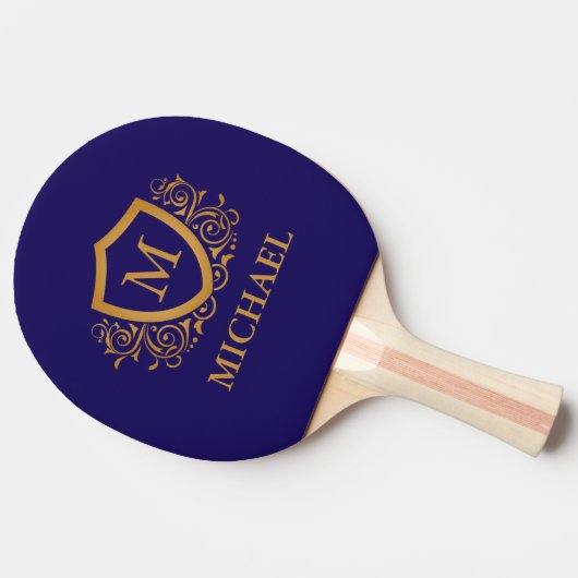 Navy Blue en Gold Personalized Monogram Name Tafeltennisbatje (Zijkant)