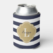 Navy Blue en Gold Preppy Stripes Monogram Blikjeskoeler (Blikje Voorkant)