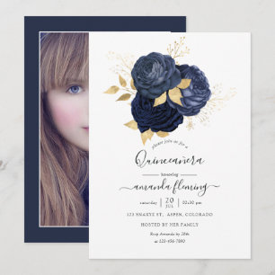 Navy Blue en Gold Roos Quinceañera Foto Kaart