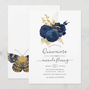 Navy Blue en Gold Roos Quinceañera Kaart