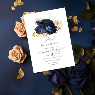 Navy Blue en Gold Roos Quinceañera Kaart