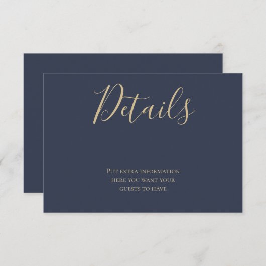 Navy Blue en Gold Script Details Informatie Kaart (Voorkant / Achterkant)