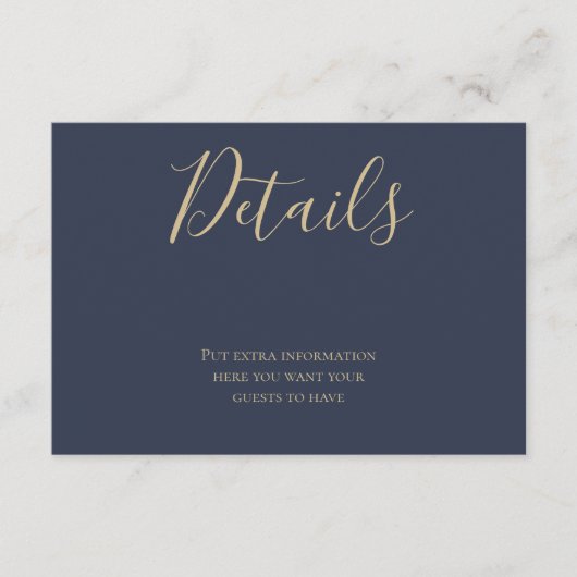 Navy Blue en Gold Script Details Informatie Kaart (Voorkant)