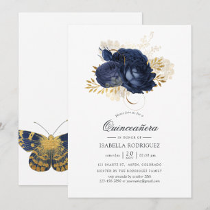 Navy Blue en Gold Shabby Rozen Quinceañera Kaart