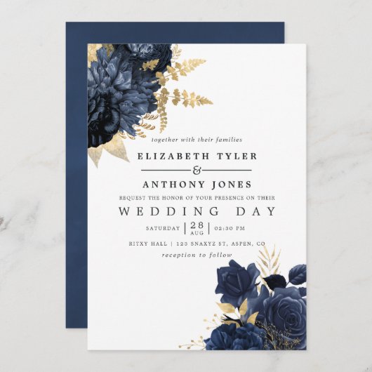 Navy Blue en Gold  Shabby Rozen Wedding Kaart (Voorkant / Achterkant)