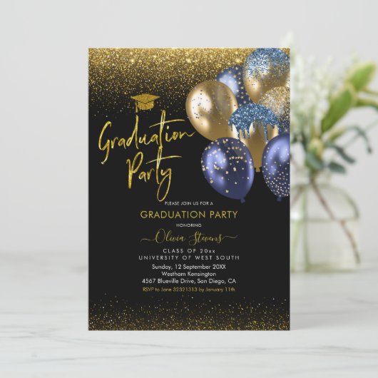 Navy Blue en Gold Sparking Graduparty Kaart (Staand voorkant)
