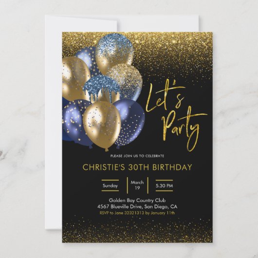 Navy Blue en Gold Sparking Let's Party Invitatio Kaart (Voorkant)