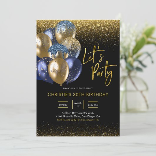 Navy Blue en Gold Sparking Let's Party Invitatio Kaart (Staand voorkant)