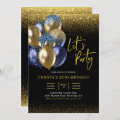 Navy Blue en Gold Sparking Let's Party Invitatio Kaart (Voorkant / Achterkant)