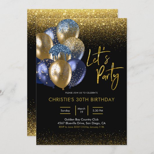 Navy Blue en Gold Sparking Let's Party Invitatio Kaart (Voorkant / Achterkant)