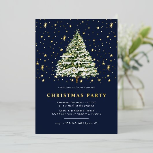 Navy Blue en Gold Stars | Modern kerstfeest Folie Uitnodiging (Staand Voorkant)