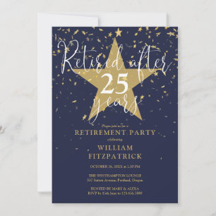 Navy Blue en Gold Stars Retirement Party Kaart