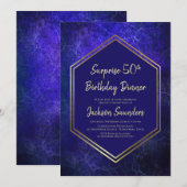 Navy Blue en Gold Surprise 50th Birthday Dinner Kaart (Voorkant / Achterkant)