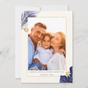 Navy Blue en Gold Tropical Greenery Foto Feestdagenkaart