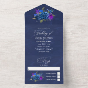 Navy Blue en Gold Vintage Weddenschap in één Invi All In One Uitnodiging