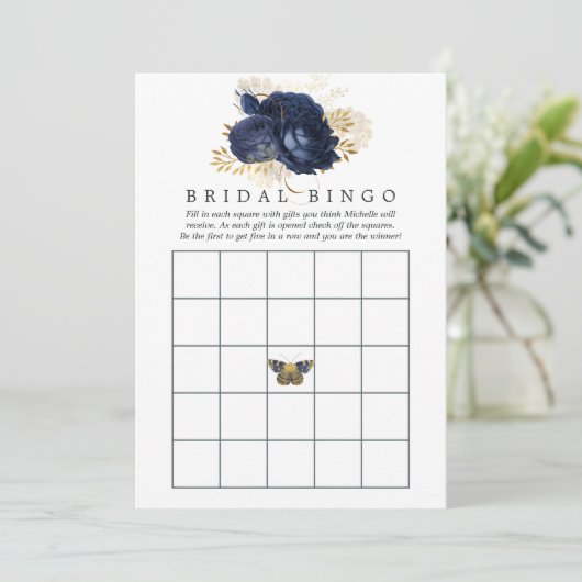 Navy Blue en Gold Vrijgezellenfeest Bingo Kaart (Staand voorkant)
