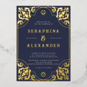 | Navy Blue en Gold Wedding Real Folie Uitnodiging (Voorkant)