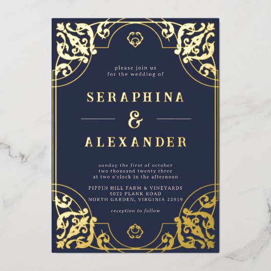   | Navy Blue en Gold Wedding Real Folie Uitnodiging (Voorkant)