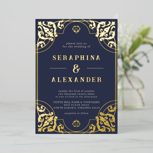   | Navy Blue en Gold Wedding Real Folie Uitnodiging (Staand Voorkant)