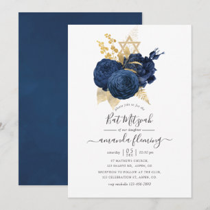 Navy Blue en Goud Vintage Roos Bat Mitzvah Kaart