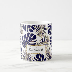 Navy blue en goudtropische bladeren en naam koffiemok