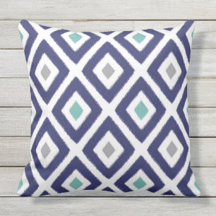 Navy Blue en Gray Ikat Diamond Pattern Buitenkussen