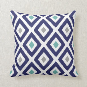 Navy Blue en Gray Ikat Diamond Pattern Kussen
