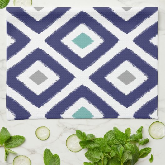 Navy Blue en Gray Ikat Diamond Pattern Theedoek (Gevouwen)