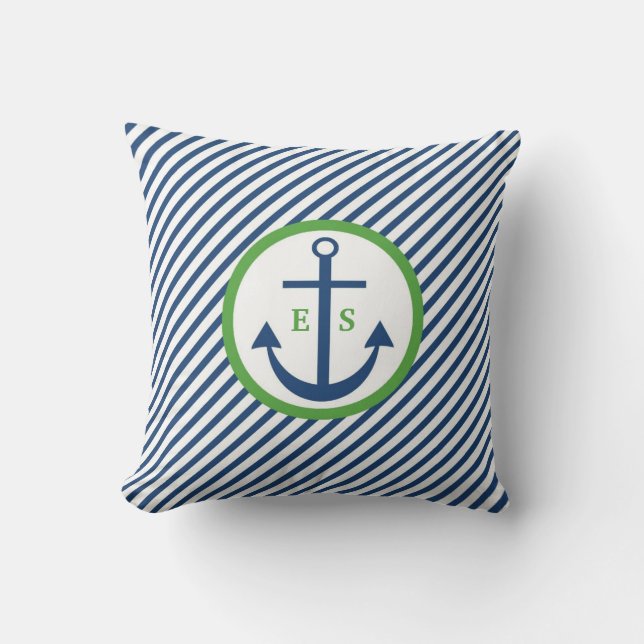Navy Blue en Green Anchor Monogram Pillow Kussen (Voorkant)