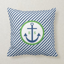 Navy Blue en Green Anchor Monogram Pillow