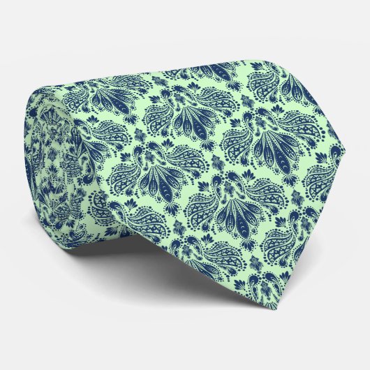 Navy Blue en Green Floral Damascus Pattern Stropda Stropdas (Opgerold)