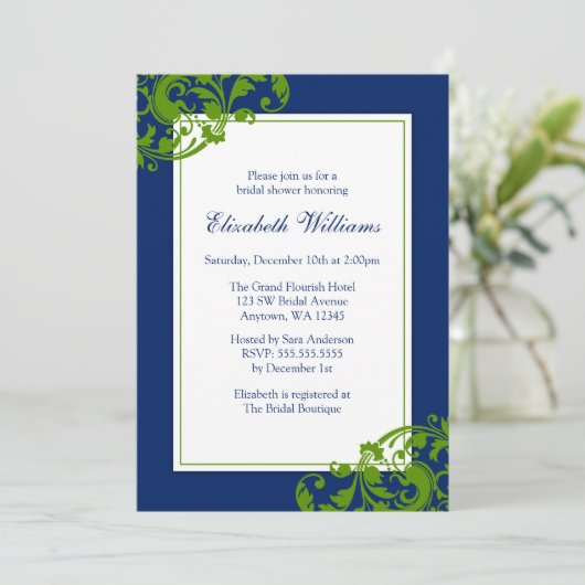 Navy Blue en Green Flourish Swirls Vrijgezellenfee Kaart (Staand voorkant)