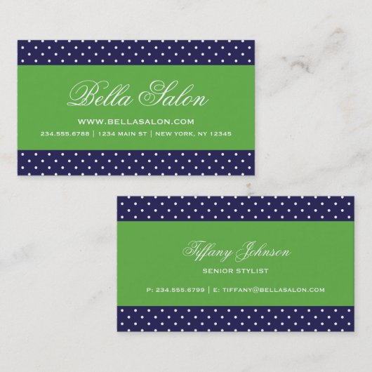 Navy Blue en Green Schattigee moderne Polka Dots Visitekaartje (Voorkant / Achterkant)