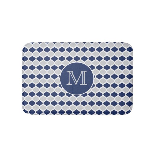 Navy Blue en Grey Quatrefoil Monogram Badmat (Voorkant)