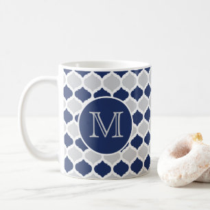 Navy Blue en Grey Quatrefoil Monogram Koffiemok