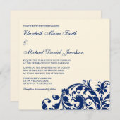 Navy Blue en Ivory Flourish Swirl Wedding Kaart (Voorkant / Achterkant)