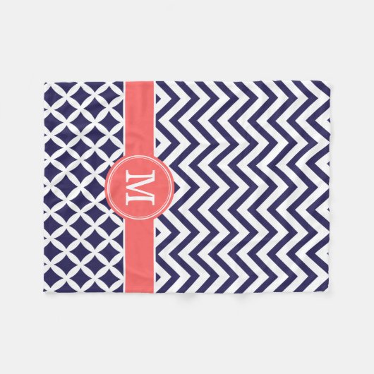 Navy Blue en koraal Chevron Custom Monogram Fleece Deken (Voorkant (Horizontaal))