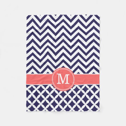 Navy Blue en koraal Chevron Custom Monogram Fleece Deken (Voorkant)