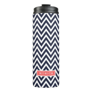 Navy Blue en koraal Chevron Monogram Thermosbeker