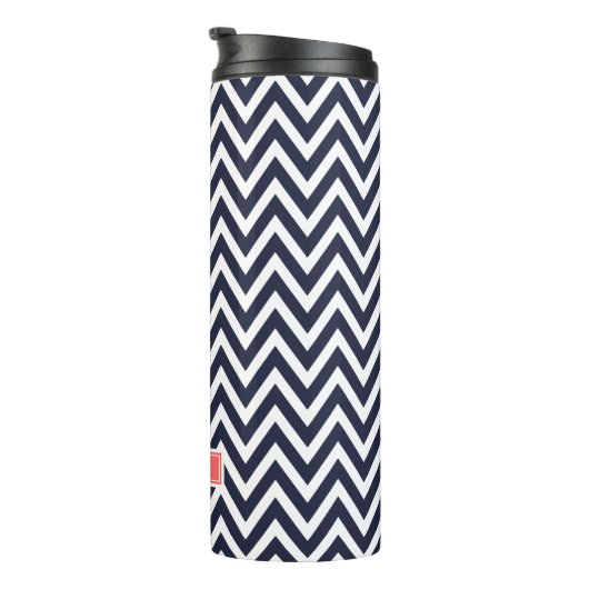Navy Blue en koraal Chevron Monogram Thermosbeker (Geroteerd rechts)
