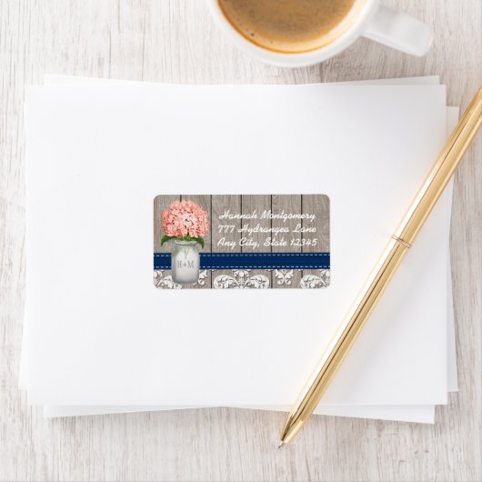 Navy Blue en koraal Hydrangea Monogram Mason Jar Etiket (Insitu)