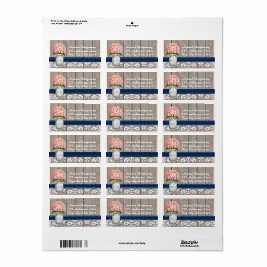 Navy Blue en koraal Hydrangea Monogram Mason Jar Etiket (Full Sheet)