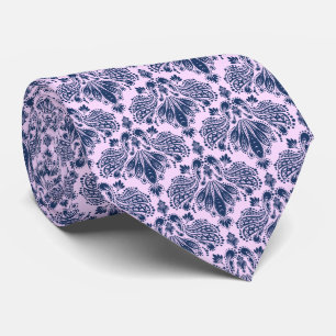 Navy Blue en Lavender Floral Damaspattern Stropdas