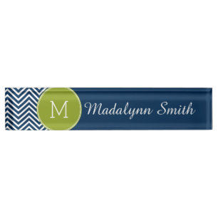 Navy Blue en Lime Green Chevrons Custom Monogram Naambordje