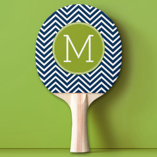 Navy Blue en Lime Green Chevrons Custom Monogram Tafeltennisbatje