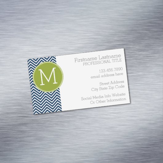Navy Blue en Lime Green Chevrons Custom Monogram Visitekaartje Magneet (Voorbeeld)