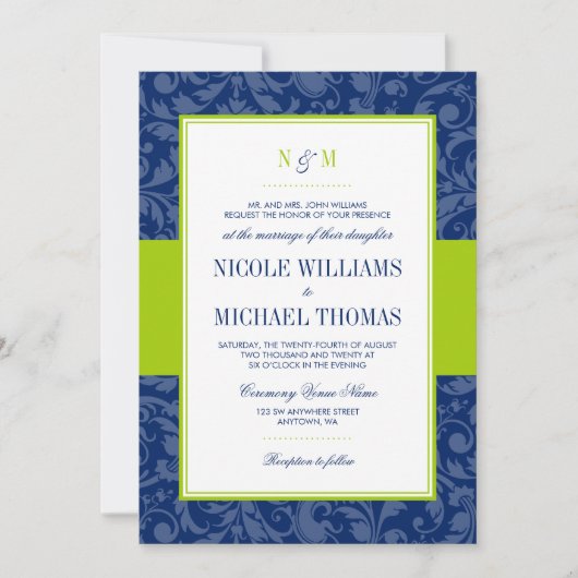 Navy Blue en Lime Green Damask bruiloft uitnodigin Kaart (Voorkant)