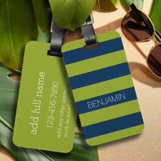 Navy Blue en Lime Green Rugby Stripes Custom Name Bagagelabel
