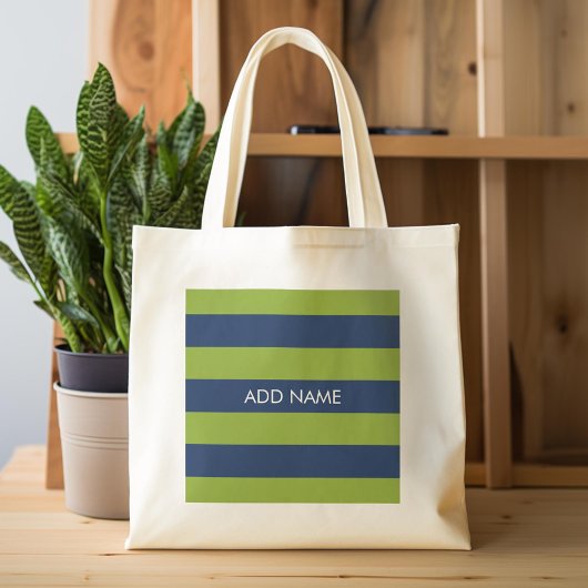 Navy Blue en Lime Green Rugby Stripes Custom Name Tote Bag