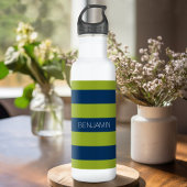 Navy Blue en Lime Green Rugby Stripes Custom Name Waterfles